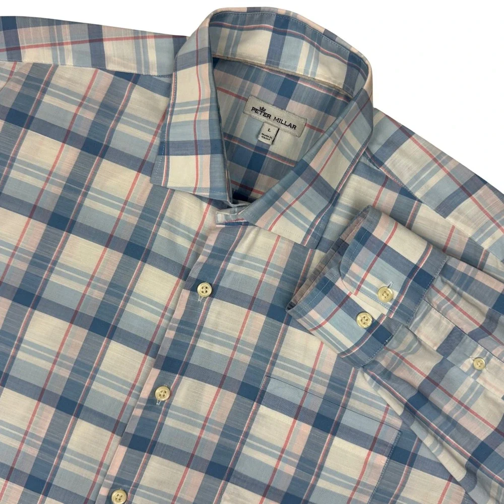 Peter Millar Button Up Plaid Shirt Mens L Blue Long Sleeve Stretch Preppy Office